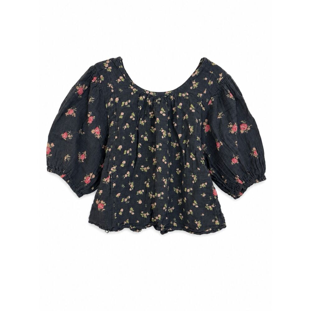 Free People Chloe Crop Backless Top Sz S Gray Floral Balloon Sleeve Cottage Boho